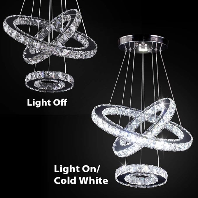 Modern Crystal Chandeliers 3 Rings Round LED Chandelier Fixtures DIY Pendant Lighting Stainless Steel Adjustable Chandelier Ceiling Light for Dining Room Bedroom Living Room (Cool White)