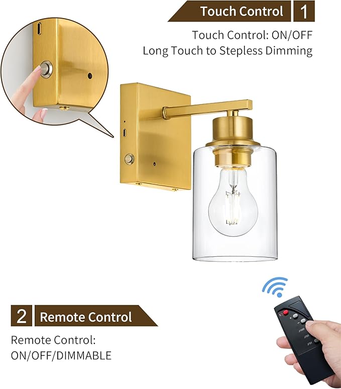 Rayogale Rechargeable Wall Sconce, Gold Battery Operated Wall Sconce Set of 2 with Timer Function, Easy Install Dimmable Wireless Wall Lamps for Living Room, Bedroom, Hallway, Entryway Decor 3000K