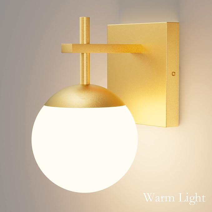 Ralbay Gold Wall Sconce, Mid Century Modern Gold Wall Light Fixtures Milky Glass Indoor Wall Lamp for Home Decor Bathroom Kitchen Living Room Vanity Hallway, Gold 1 Light (Exclude Bulb)