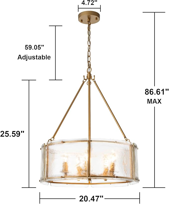 20.47" Glass Gold Chandeliers for Dining Room,Drum Dining Room Light Fixtures Over Table,Hanging Pendant Light for Hight Ceiling,Foyer,Living Room,Entryway,Kitchen