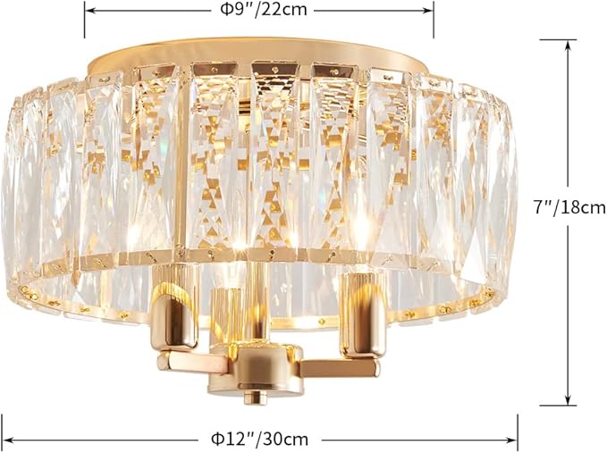 AGV LIGHTING CL002G Crystal Semi Flush Mount Ceiling Light Fixture, E12 Base 3-Lights, D13 x H15, Shine Gold Finish