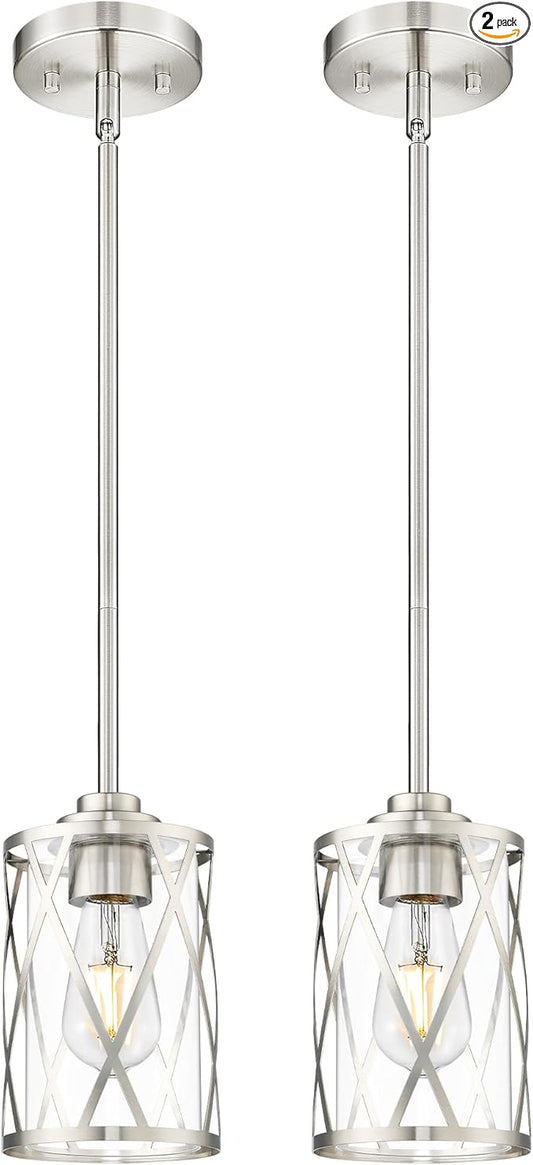 Beionxii 2 Pack Brushed Nickel Pendant Lights Kitchen Island, Glass Pendant Light Fixtures with Clear Glass and Rods, Kitchen Pendant Lighting Over Island, BX-PL07BN-2PK