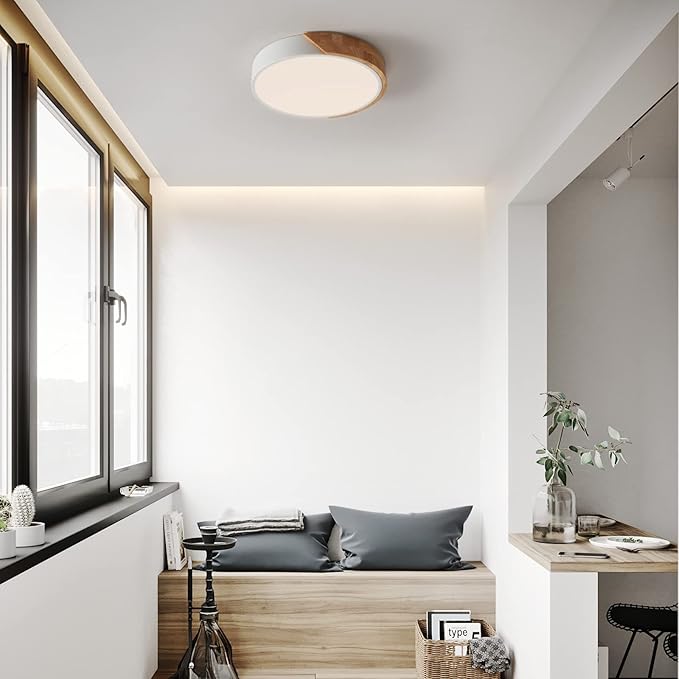 LED Ceiling Lights, 12 Inch Modern Flush Mount Lighting Fixture,Round Shaped Wood Ceiling Lighting,White,30W,4000K Nautral Light