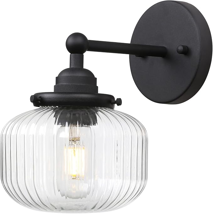 Yosoan 1-Light Indoor Modern Wall Sconce, Vanity Modern Single Vintage Industrial Wall Mount Fixture Lights with Clear Striped Glass Shade Lamp for Bathroom Kitchen Mirror Bedroom Dinning Room(Black)
