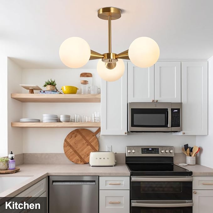 Betkas 3-Lights Semi Flush Mount Ceiling Light Fixture Brushed Gold Light Fixture Straight Bar Modeling with Milk Glass Globe for Bedroom,Living Room, Dinning Room Foyer Hallway