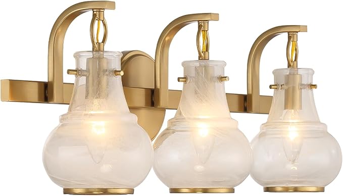 Savoy House 8-4417-3-322 Adams Modern Vintage Traditional White Strie Glass Bathroom Vanity Wall Light, 3-Light 180 Total Watts, 9" H x 24" W, Warm Brass