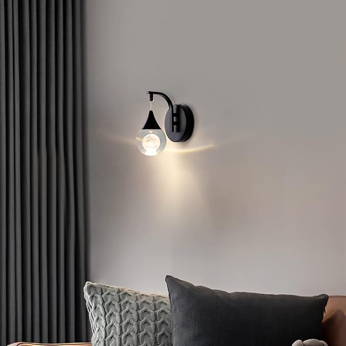 Sedelan Moon Crystal Wall Sconces, Modern LED Wall Lighting, 5W Dimmable Wall Light for Bedroom Bedside Bathroom Living Room Corridor, Matte Black