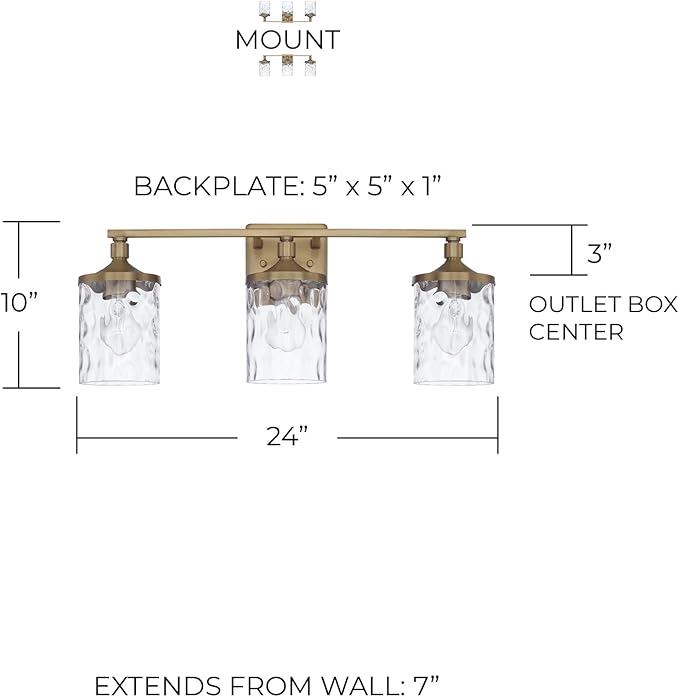 HomePlace Lighting 128831AD-451 Colton Mid-Century Clear Water Glass Bathroom Vanity Wall Light, 3-Light 300 Total Watts, 10" H x 24" W, Aged Brass