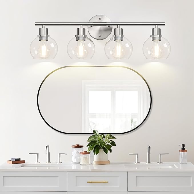 Indoi 4-Light Bathroom Light Fixtures, Brushed Nickel Modern Vanity Lights Over Mirror with Clear Glass Globe Shade, Bathroom Wall Sconces for Mirror Kitchen Living Room Hallway Cabinet Bedroom Porch