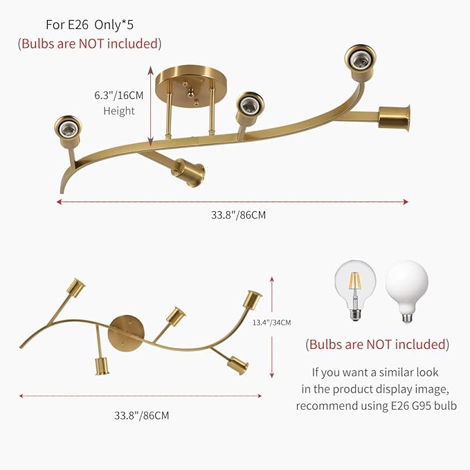 Gold Modern Sputnik Ceiling Light Fixture 5-Lights,Mid Centur Minimalist Semi Flush Mount Sputnik Chandelier for Living Room,Dining Room,Bedroom,Hallway,Kitchen(Bulbs Not Included)