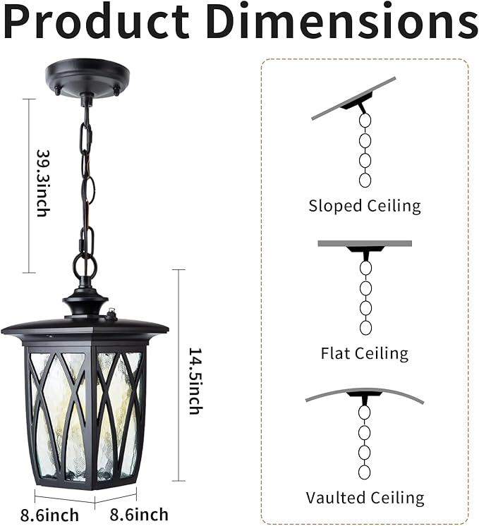 JYZ Dusk to Dawn Outdoor Pendant Lantern, 15 Inch Craftsman Style Large Exterior Hanging Light with Water Ripple Glass, Traditional Outdoor Chandelier for Front Porch Gazebo Patio Garden