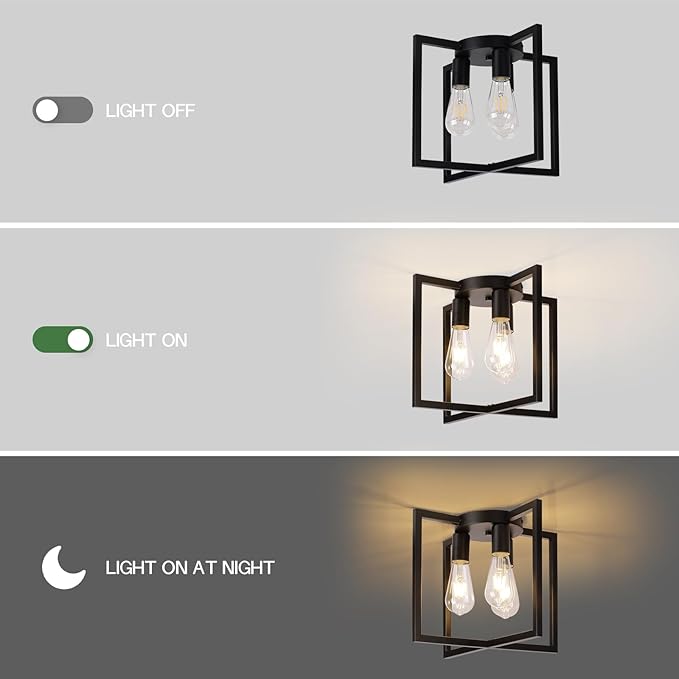Farmhouse Industrial Ceiling Light Fixture Flush Mount, Black 3-Light Lighting, Modern Rustic Flush Mount Ceiling Lamp for Kitchen, Living Room, Bedroom, Dining Room, Hallway, Entryway, Foyer