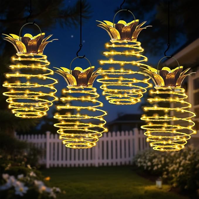 JHPGEOE 4 Pack Outdoor Solar Hanging Lantern Lights - 60LED Waterproof Solar Pineapple Light Outdoor for Garden,Yard Porch Lawn Backyard Landscape Pathway Patio Outside Gardening