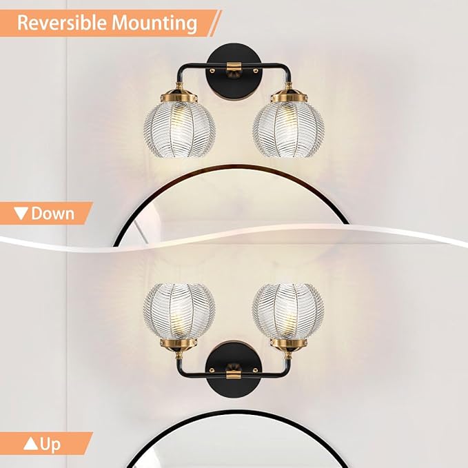 2 Light Bathroom Vanity Light Clear Glass Globe Wall Sconce Lights Black Wall Mount Light with Ribbed Glass Shade, Mid Century Modern Wall Sconce for Over Mirror Bedroom Hallway