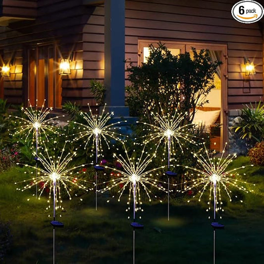 Christmas Solar Garden Firework Lights Outdoor Waterproof 6 Pack Solar Powered Art Stake Twinkle Lighting for Outside Decor, 120 LED Warm White