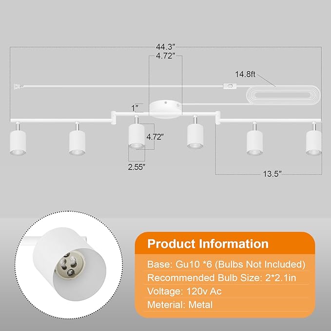 Plug in Track Lighting LED, Track Lighting Fixtures Ceiling, White 6-Light Kitchen Light Kit, Plug in Wall Light with 14.8ft Power Cord, Rotatable Ceiling Spotlight for Bedroom(GU10 Socket, NO Bulb)