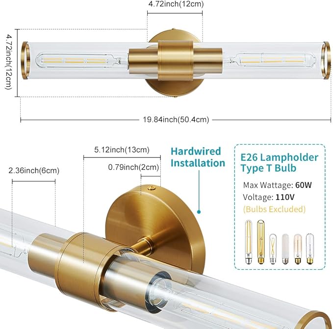 Gold Wall Sconce, Bathroom Light Fixtures in Clear Glass Indoor Wall Sconces, Modern Sconce Wall Lighting Up and Down Vanity Lights Fixtures for Bathroom,Living Room - Bulb Not Included