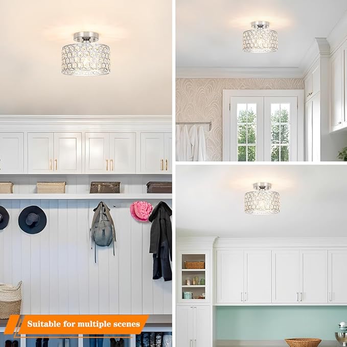 Chrome Crystal Ceiling Light Fixture - Modern Semi Flush Mount Ceiling Chandelier Lighting for Hallway, Kitchen & Foyer | Dazzling Prism Chandelier with Easy Installation,1 Light, 9 in