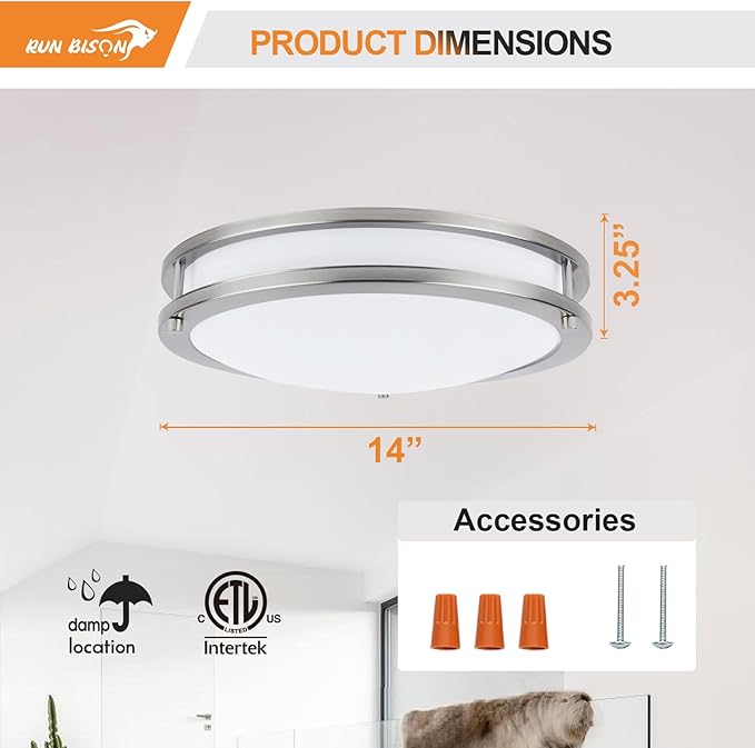 14IN Double Ring LED Ceiling Light Fixture, 21W, 1600LM, with 5CCT 2700K-5000K Adjustable, Dimmable Flush Mount Light Fixture for Hallway, Bedroom, Kitchen, ETL Listed - 1PK