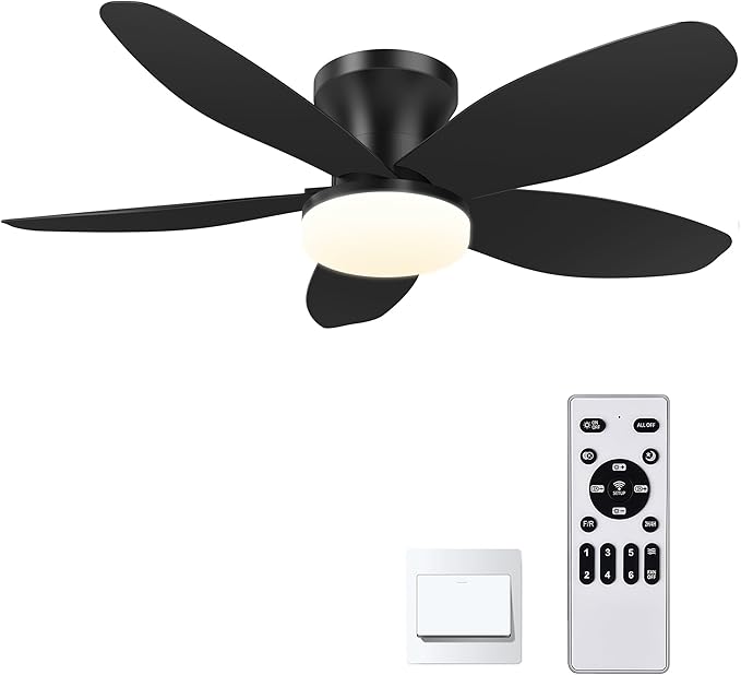 42" Low Profile Ceiling Fan with Lights & Remote - 6-Speed Wind, Reversible DC Motor, Dimmable 3-Color LED, Timer & Memory Function for Bedroom/Living Room/Patio (Black)