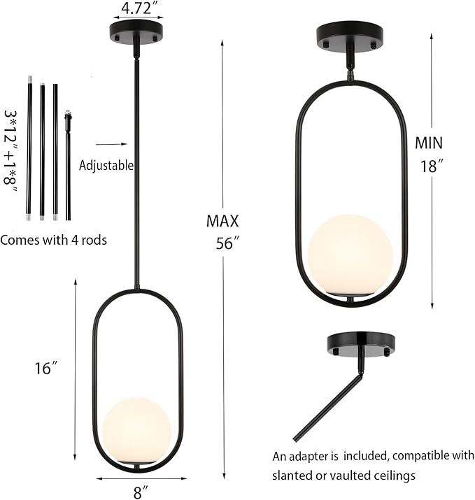 BYOLIIMA Modern Globe Pendant Light Mid Century Chandelier 1-Light Matte Black Ceiling Hanging Lighting Fixture with White Globe Glass Lampshade for Kitchen Island Dining Room Bedroom (2 Pack)