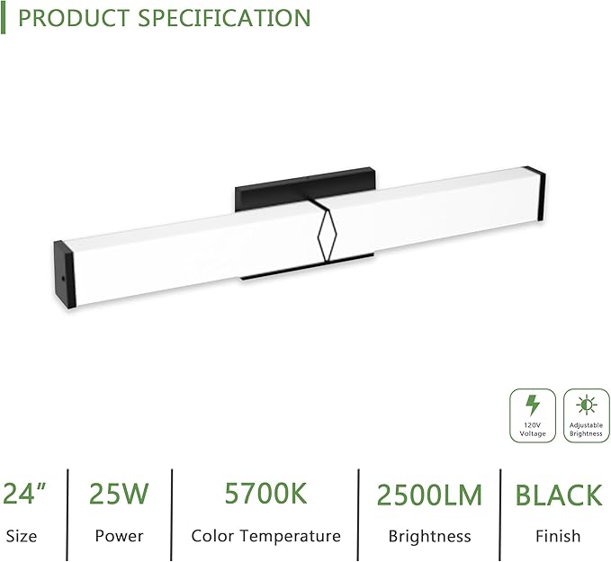 24 Inch Bathroom Vanity Light 2500LM, 5700K Daylight White Modern Bathroom Light Dimmable, AC 120V 25W Matte Black LED Vanity Lighting Fixtures Wall Sconce ETL Certified, 1Pack