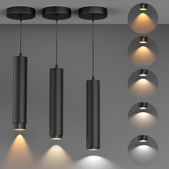 Remote Control LED Pendant Lights with Adjustable Cord, Dimmable Hanging Pendant Lighting Fixtures for Kitchen Island Over Table, Zoomable 2700K-6000K, CRI97+ 10W 1000LM, Black (3 Pack)