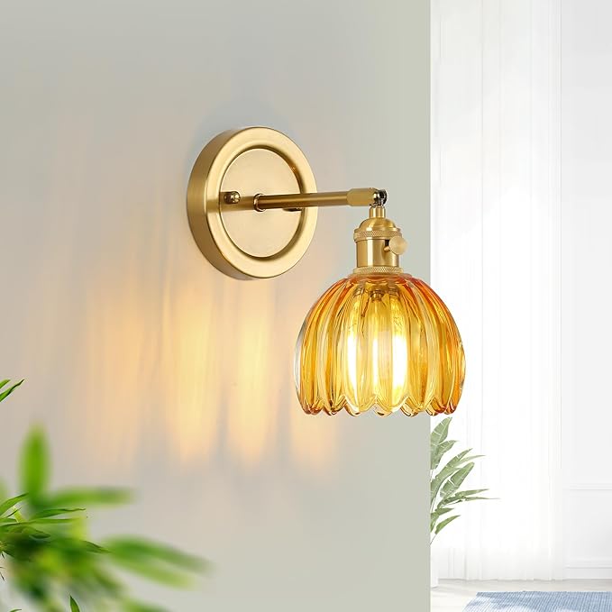 Wall Sconces Set of 2 Vintage Wall Lights Indoor with Amber Glass Shade 180°Adjustable,Twist Switch Modern Wall Lighting Fixture for Bedroom Bathroom Doorway Vanity Entryway Living Room