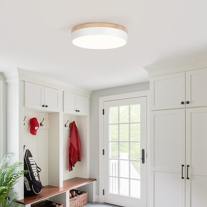 WOKNOS Dimmable Wood Ceiling Light Fixture 2700K-6000K 5CCT Modern White LED Flush Mount Ceiling Light Minimalist Circle Close to Lighting Fixture for Bedroom Kitchen Bathroom Laundry Room 11.81 Inch