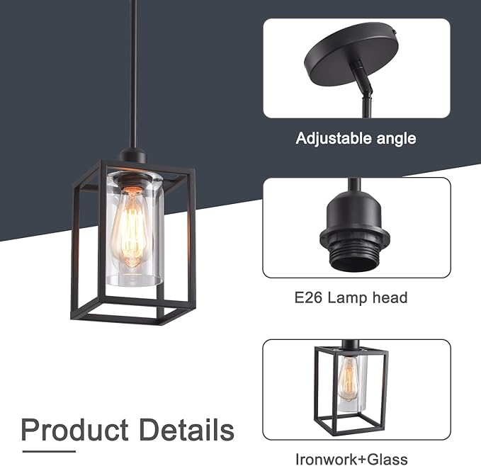 3 Pack Stem Rod Black Pendant Lights for Kitchen Island Industrial Lantern Pendant Light Fixtures with Clear Glass Shade, Farmhouse Adjustable Height Hanging Pendant Lighting
