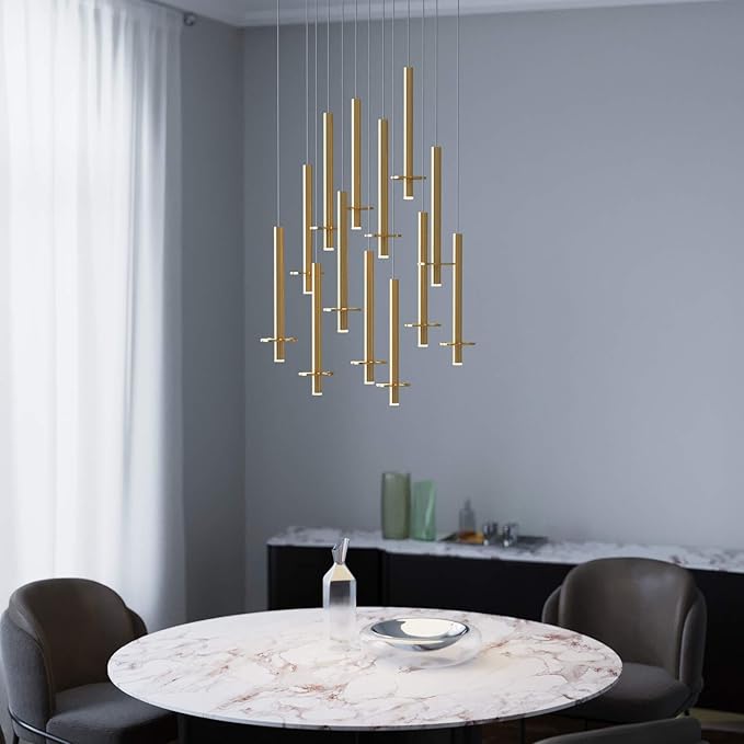 Draco 13 Pendant Lighting Brass – LED Hanging Light Fixture for Kitchen Island, Bar, Foyer – Equilateral Cluster of Mini Metal Rod Pipe Tube Cylinders – Dimmable, Adjustable Wire, Lamp Bulb Included