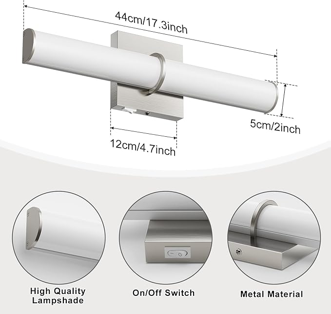 OOWOLF 17.3" Modern Vanity Light Fixture with Switch, 12W 5000K Led Bathroom Light Fixture Over Mirror, Hardwired, Brushed Nickel 1200LM Vanity Light Bar for Mirror Bedroom Hallway Living Room 2Pack