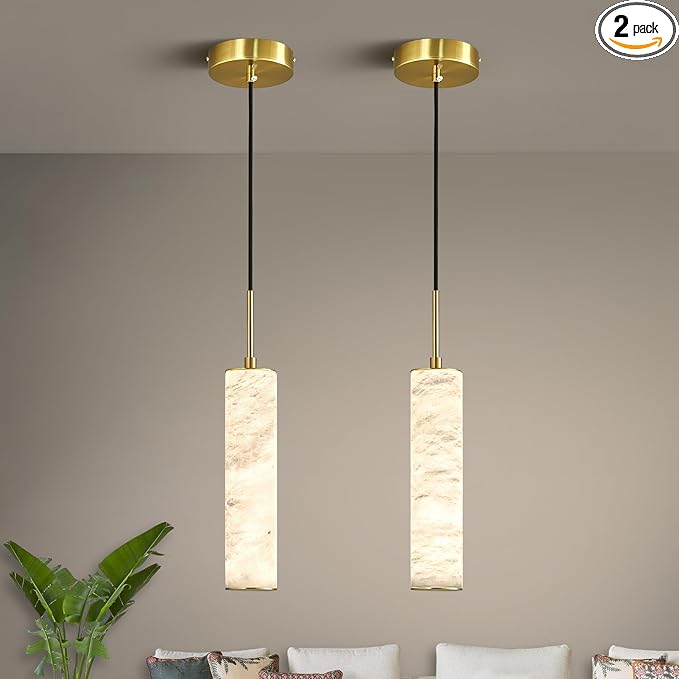 LMQNINE Natural Alabaster Pendant Lights for Kitchen Island White Marble Long Tube Chandelier Modern 4000K Gold Ceiling Light Fixtures for Bedroom Dining Room Table Living Room Hallway(S-2Pack)