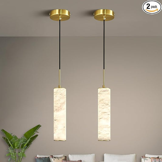 LMQNINE Natural Alabaster Pendant Lights for Kitchen Island White Marble Long Tube Chandelier Modern 4000K Gold Ceiling Light Fixtures for Bedroom Dining Room Table Living Room Hallway(S-2Pack)