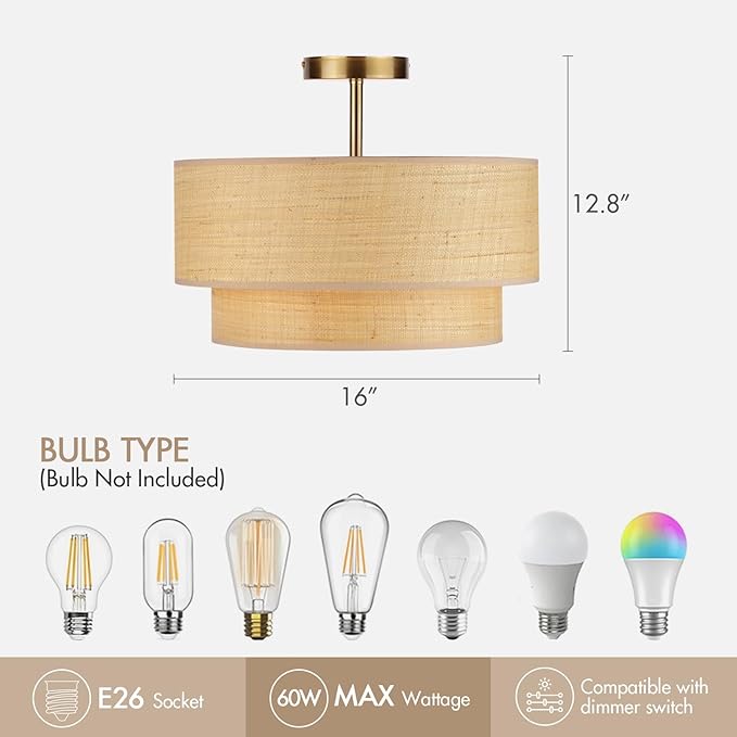 16 Inch Semi Flush Mount Ceiling Light, Double Raffia Woven Drum Shade, Rattan and Gold Farmhouse Ceiling Lamp for Bedroom, Living Room, Dining Room, Kitchen