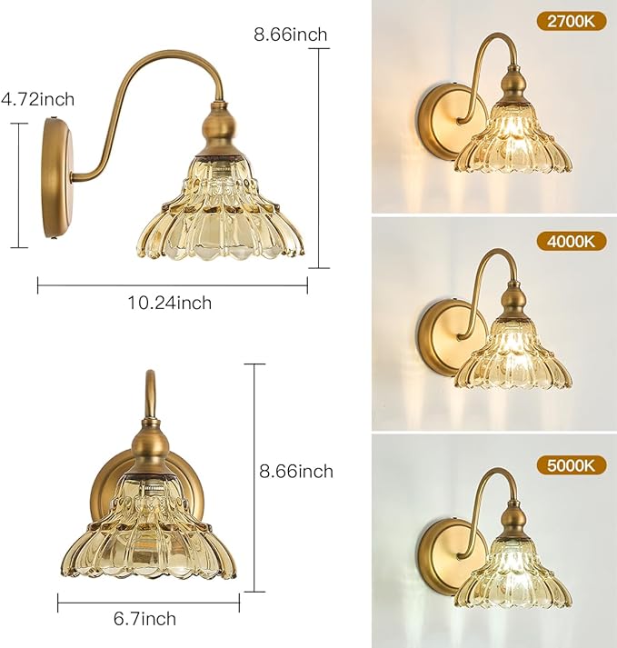 Vintage Amber Bedroom Wall Sconces 1-Light Hardwired Wall Mount Wall Light Fixtures for Bathroom Hallway Kitchen Dress Room