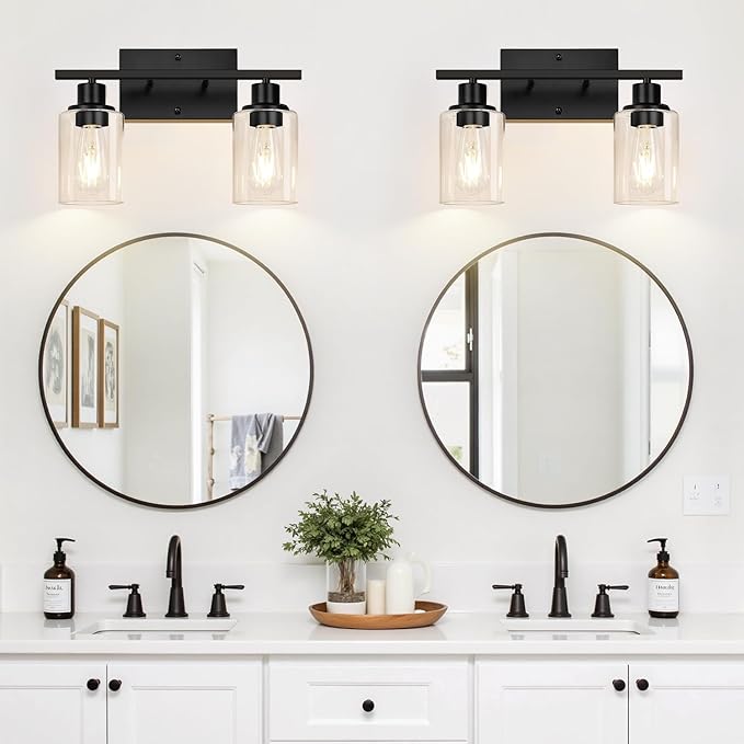 Indoi Matte Black 2-Light Bathroom Vanity Light with Clear Glass Shades — Modern Bathroom Light Fixtures & Vanity Lights for Mirror
