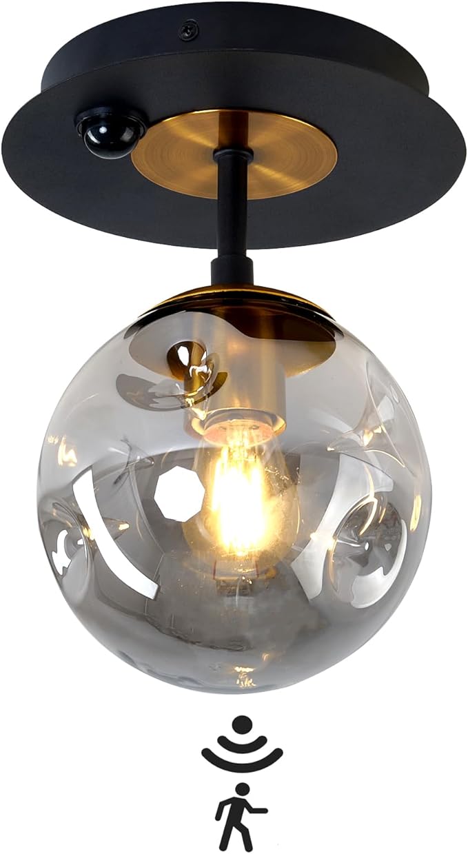 SZXYKEJI Motion Sensor Light Indoor 1-Light Mini Glass Globe Ceiling Light Fixture Modern Black Semi Flush Mount Light for Hallway Entryway Porch Stairway Closet
