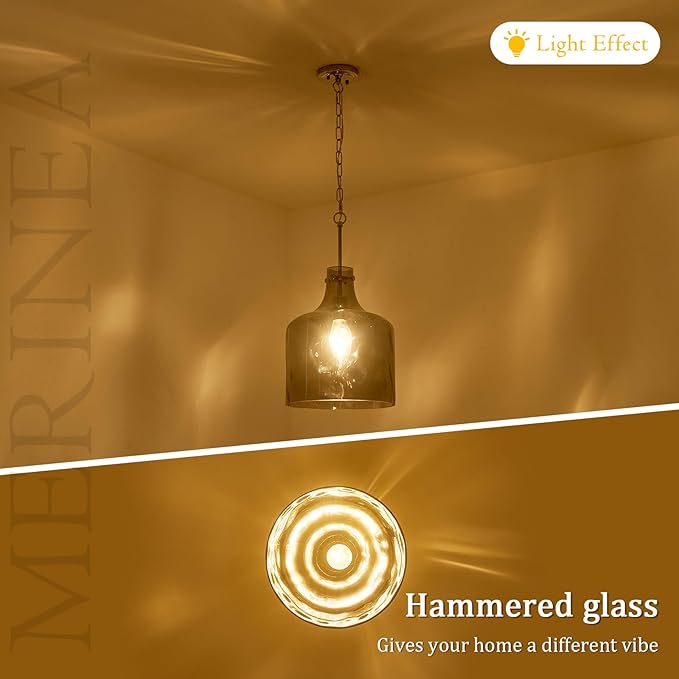 Farmhouse Pendant Light – Hand-Blown Smoked Gray Hammered Glass Shade, Polished Chrome Finish, E26 Socket, Adjustable Chain Hanging Fixture for Kitchen Island, Dining Room & Hallway, 15" H x 12" D