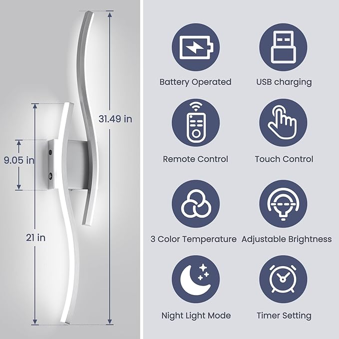 Modern LED Wall Sconce Set of Two, Dimmable Battery Powered Wall Sconces, 3000K-6500K LED Wireless Wall Light with Remote, Wall Lamp Indoor not Hardwired for Room Bedroom Corridor（Nickel）