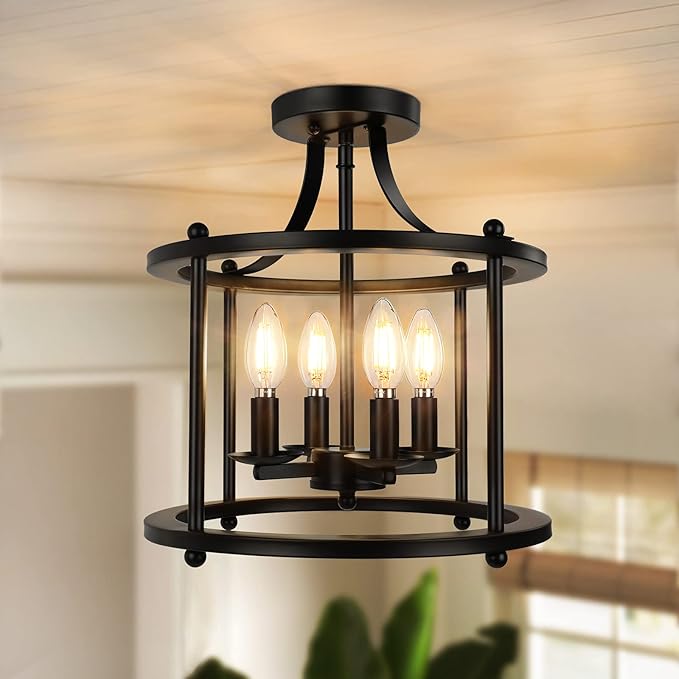 Farmhouse Semi Flush Mount Ceiling Light Fixture, 4-Light Industrial Ceiling Light w/ E12 Base Metal Rustic Vintage Chandelier Lighting for Kitchen Dining Room Hallway Entryway Foyer (Matte Black)