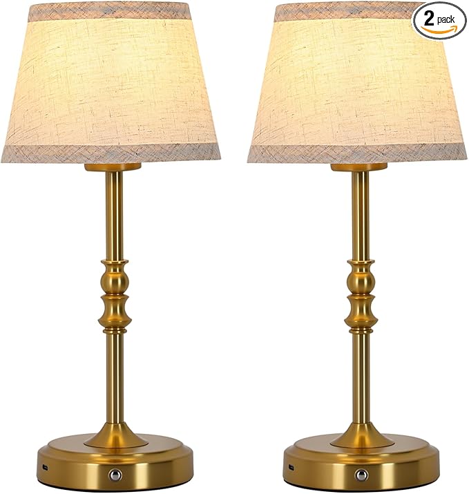 Small Gold Rechargeable Table Lamp,12-14 Inch Tall Vintage Style,Battery Powered Cordless Desk Lamp,Mini Touch Control Bedside Lamp,Warm Light 3000K for Nightstand Bedroom Counter Living Room-2 Pack