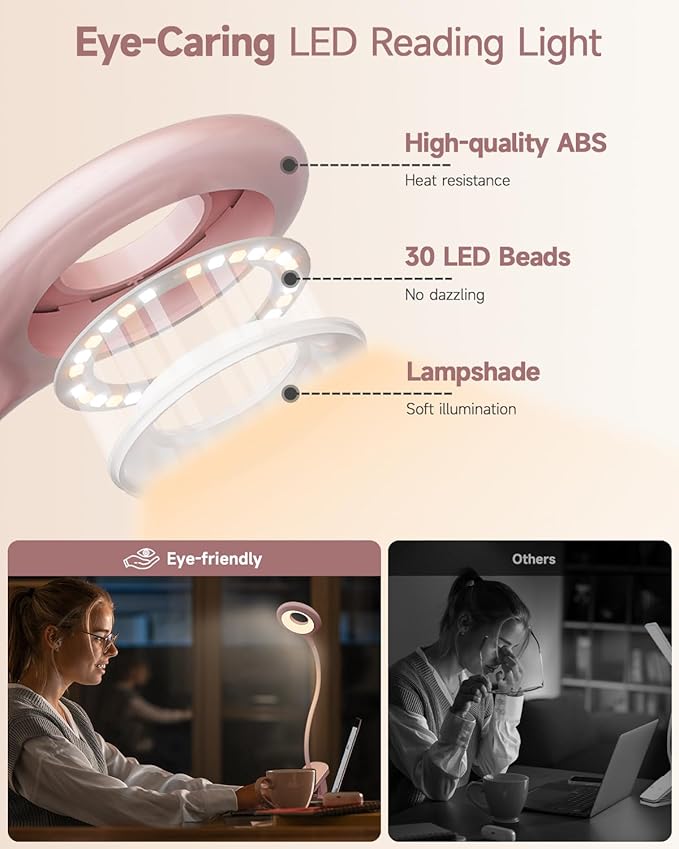 CUHIOY Rechargeable Clip on Reading Light for Bed, Battery Desk Lamp, 5 Color 5 Brightness & Touch Control Headboard Lamp, Large Clamp Lamp with Flexible Neck, Eye Protect LED Bedside Light, Pink