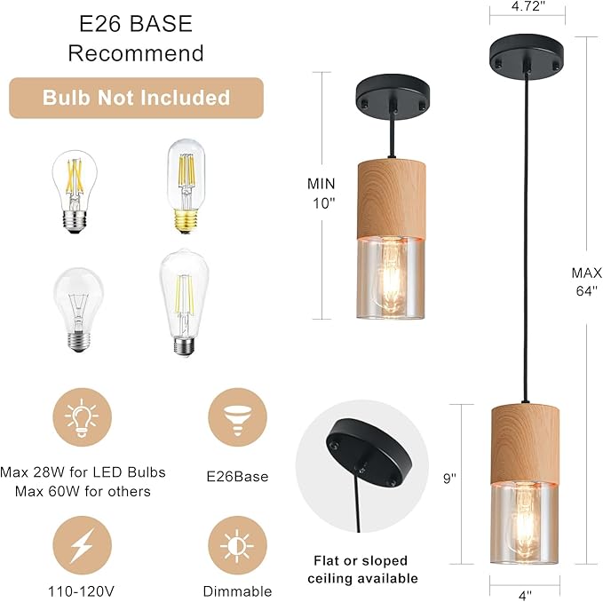2-Pack Gold Pendant Lights for Kitchen Island, Adjustable Modern Pendant Light Fixtures with Raw Wood Grain, Industrial Amber Glass Pendant Lights for Dining Table Hallway Bedroom Living Room