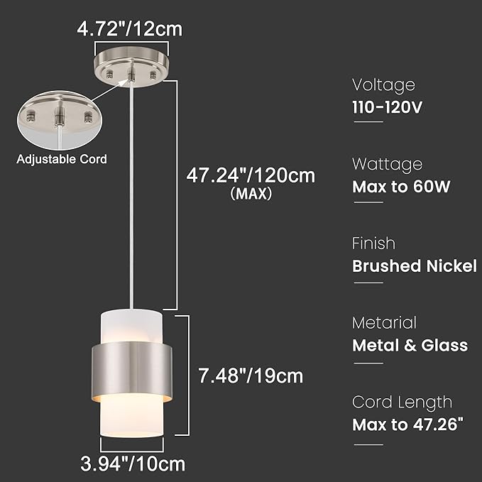 Modern Pendant Lighting, Nickel Hanging Light Fixtures for Kitchen Island Hallway Porch Corridor Bedroom with Frosted Glass Shade, 1 Light