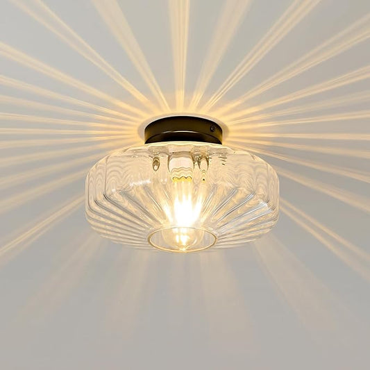 Glass Semi Flush Ceiling Lights - 12 in Vintage Mid Century Modern Lighting Fixture - Black Drum Unique Art Deco Mount Light Fixtures for Hallway Entry Way Hall Kitchen Dining Laundry Room Foyer Porch
