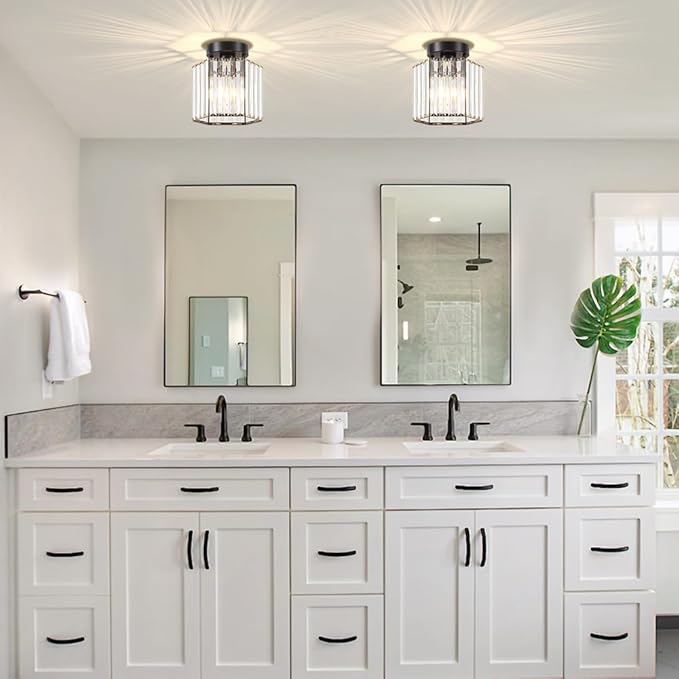 TOULMJ 2 Pack Crystal Semi Flush Mount Ceiling Light, Hallway Light Fixture Modern Black Kitchen Lighting Fixtures Close to Ceiling Lights for Bathroom Entryway Bedroom Foyer Laundry Room
