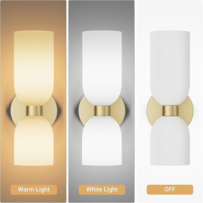 Tipace Gold Wall Sconces Set of Two,Modern Bathroom Sconce with Milky White Glass,Hardwired Wall Light Fixtures for Bathroom Living Room Bedroom Hallway,E12 Base(Bulbs Not Included)