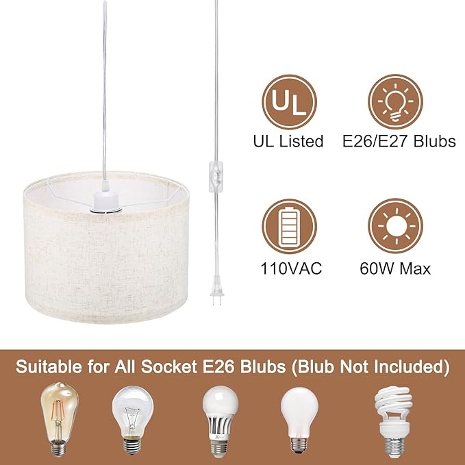 PATIKIL Plug in Pendant Light, 2 Pack 15Ft Rope Cord Hanging Lamp Fixture with ON/Off Switch, Linen Fabric Shade E26/E27 Bulb Socket for Bedroom Kitchen Living Room, Beige