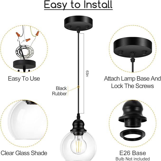 Pendant Lights Kitchen Island, Black Pendant Light with Glass Lampshade, 71 Inch Adjustable Hanging Lamp for Kitchen Living Room, Modern Farmhouse Industrial Ceiling Lighting Fixture(E26 Base,No Bulb)